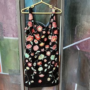 NWT Catherine Landrino sheath dress, floral print with a black background.